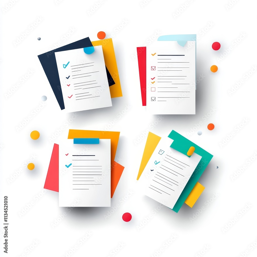 Poster modern and colorful illustration of paper sheets with checkmarks and notes on a bright background, i