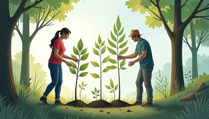 women men help plant trees serene forest landscape delicate watercolor