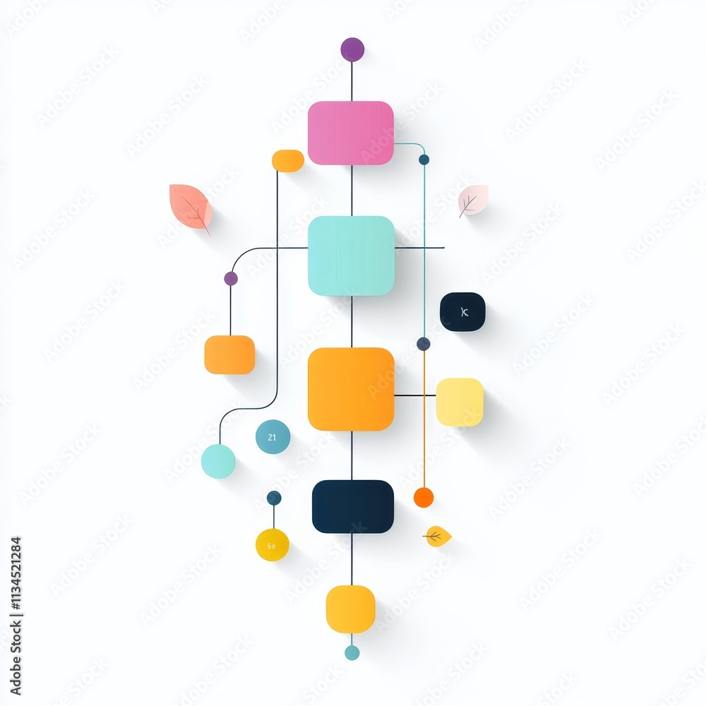 Poster colorful geometric abstract flowchart design illustrating connections, processes, and relationships 