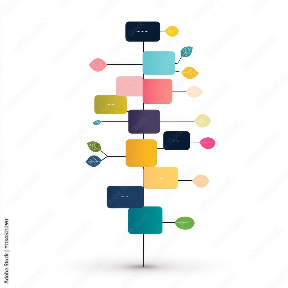 Poster colorful abstract graphic representation of a tree structure with leaves and geometric shapes for mo