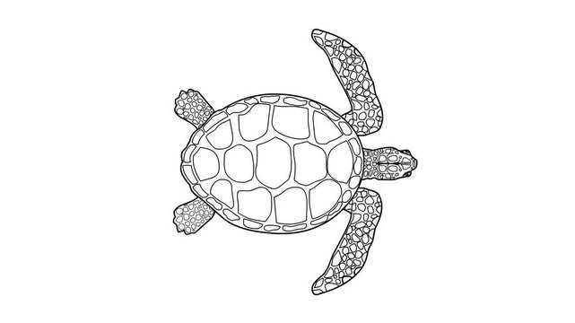 Animated video of a sea turtle swimming on the seabed in black and white, top view, animal, reptile.