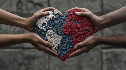 Two people holding a heart made of rocks