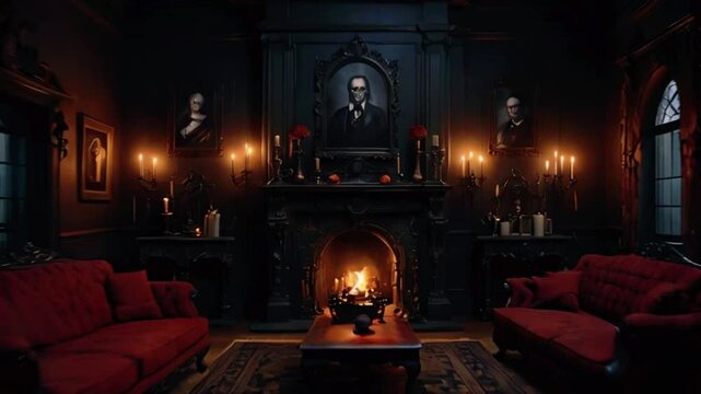 Halloween haunted house gothic vampire dark living room scary interior, 4k Wallpaper Background Animation Video