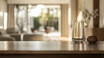 A clean workspace from a focus pull angle, drawing attention to the desk surface with blurred neutral decor in the background