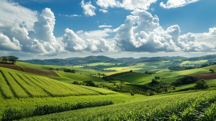 Brazil's lush sugarcane fields harvested for sugar production under a bright sky