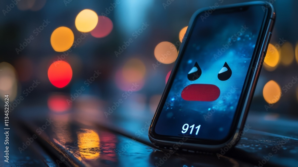 Poster phone on the edge: a close-up of a smartphone displaying an emergency call screen, its screen mirror