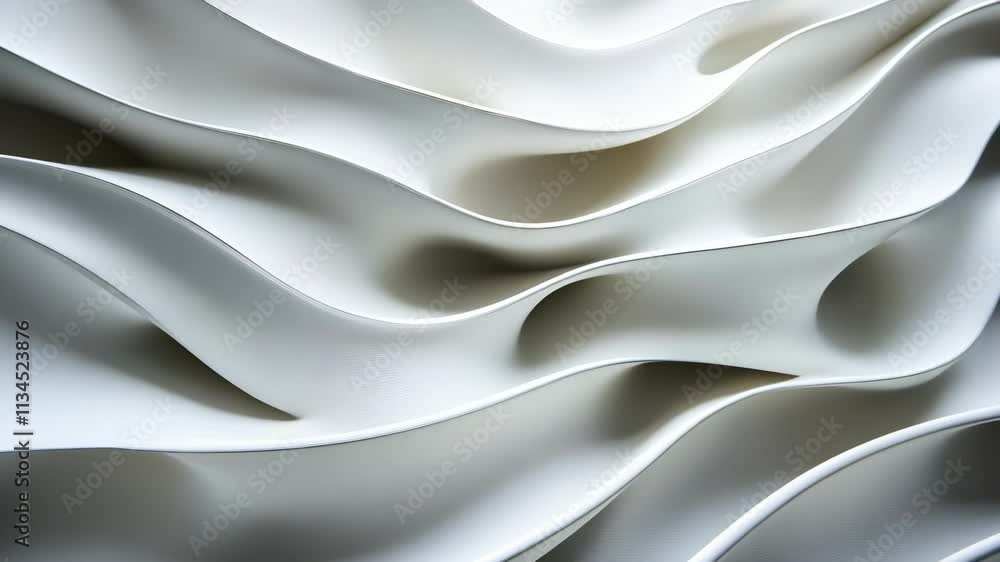 Poster smooth geometric , undulating white waves create a mesmerizing abstract background, evoking a sense 