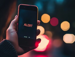Urgent Notification: A hand holds a smartphone displaying a red "ALERT" notification, emphasizing the immediacy of the message against a backdrop of blurred city lights.