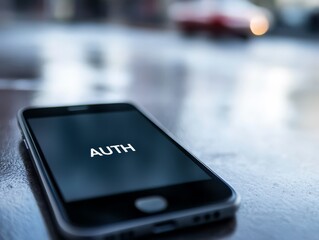 Smartphone Authentication: A close-up shot of a smartphone displaying the word "AUTH" on its screen, emphasizing the importance of digital security and verification in modern life.