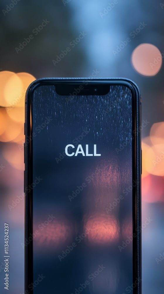 Poster incoming call: a sleek black smartphone with a blurred bokeh background displaying the word 