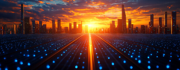 Fototapeta premium futuristic urban landscape with solar panels and glowing lights at sunset