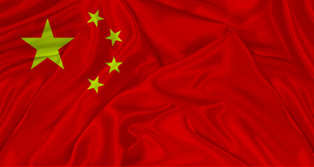 Realistic China flag waving. Close up of flag of China with cloth texture