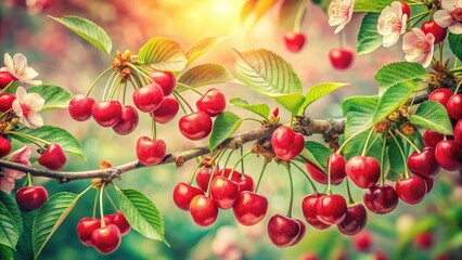 Obraz premium Nostalgic cherry blossom art print: vibrant red cherries, delicate flowers, vintage botanical illustration.