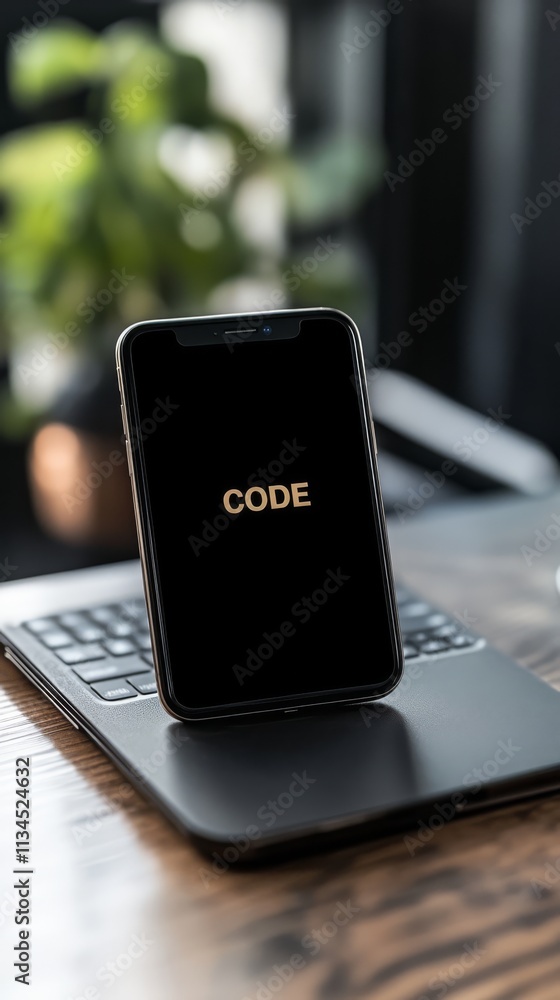 Poster code on the screen: a close-up shot of a smartphone displaying the word 