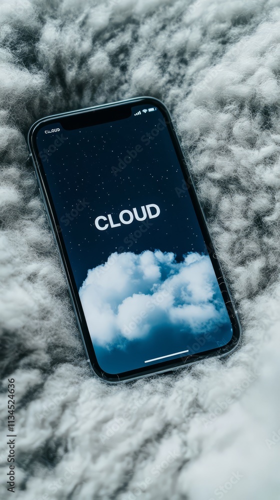 Poster cloud computing on mobile: smartphone displaying a cloud computing interface on a cozy, textured bac