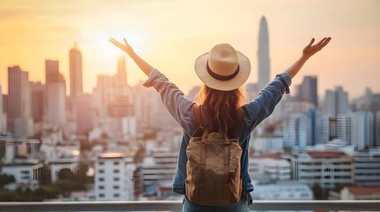 Wide shot of a woman standing on a balcony, overlooking a vibrant city skyline, exuding a sense of excitement and adventure