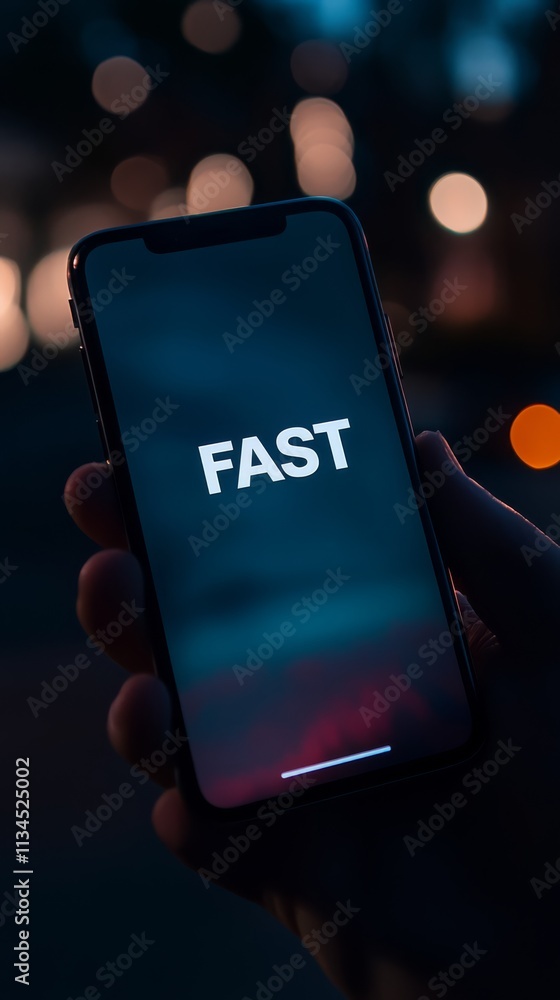 Aufkleber fast mobile speed. hand holding smartphone displaying word fast on screen at night with bokeh lights