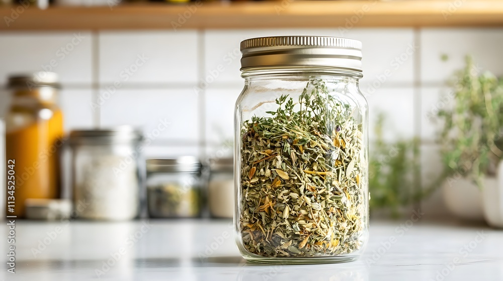 Poster a closeup of a jar of dried herbs on a minimalist counter, with soft natural light streaming in, sym
