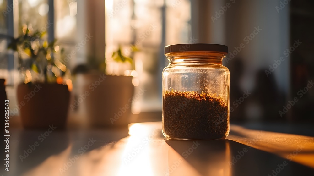 Aufkleber a closeup of a jar of dried herbs on a minimalist counter, with soft natural light streaming in, sym