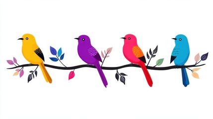 Four colorful birds are perched on a branch with leaves