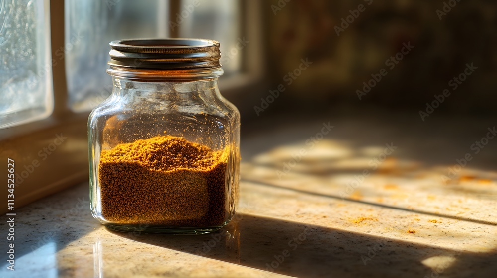 Poster a closeup of a glass jar of spices on a minimalist kitchen counter, illuminated by soft natural ligh