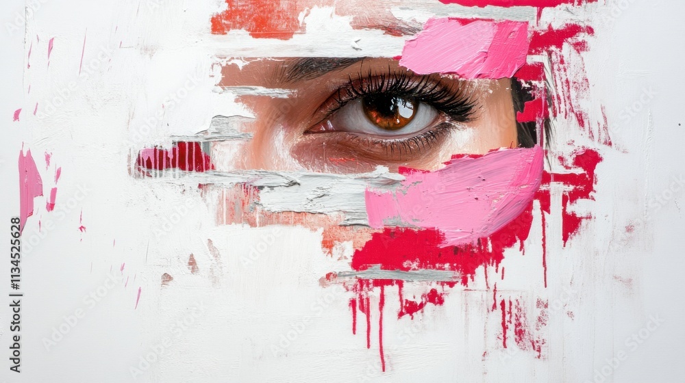 Poster close-up of a human eye with abstract paint strokes and drips in red and white, creating a textured 