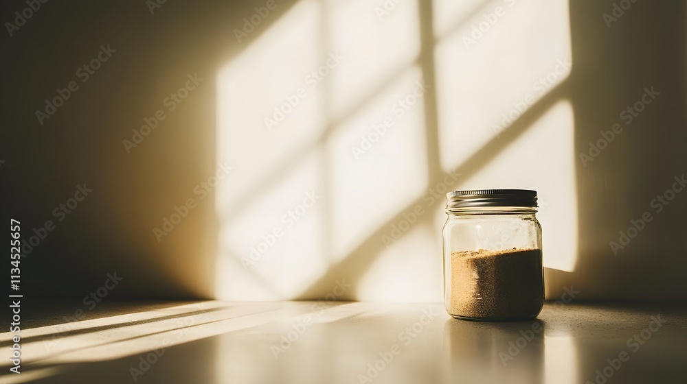Poster a closeup of a glass jar of spices on a minimalist kitchen counter, illuminated by soft natural ligh