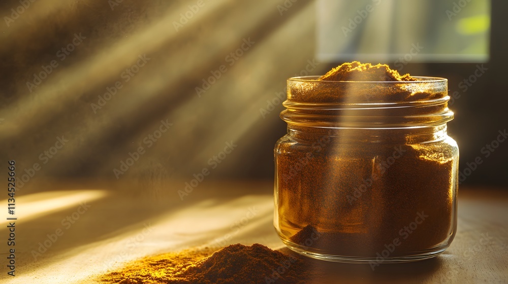 Poster a closeup of a glass jar of spices bathed in golden-hour sunlight, with soft beams of light highligh