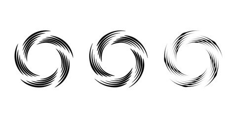 Set of black striped vortex shapes. Circle form. Geometric art. Trendy design element for frame, logo, tattoo, sign, symbol, web, social media, prints, posters, template, pattern, abstract background