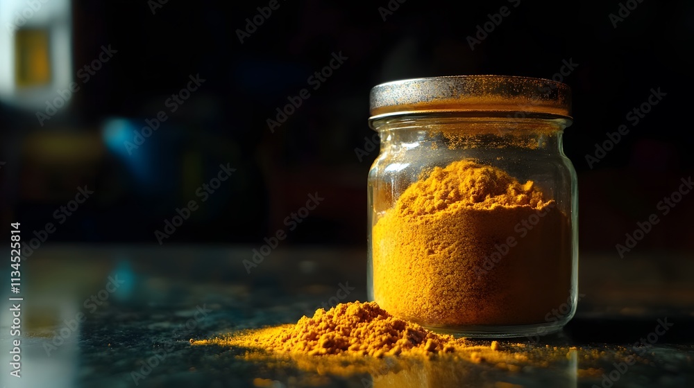 Aufkleber a closeup of a glass jar of turmeric on a counter lit by dim ambient light, creating a moody and dra