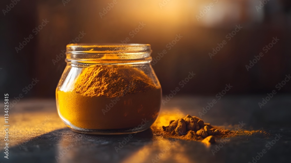 Aufkleber a closeup of a glass jar of turmeric on a counter lit by dim ambient light, creating a moody and dra