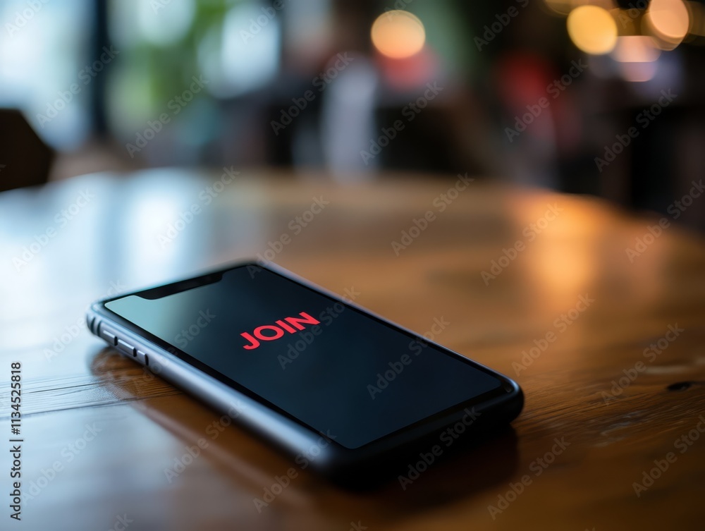 Poster join the community: a smartphone rests on a wooden table, its screen displaying the word 