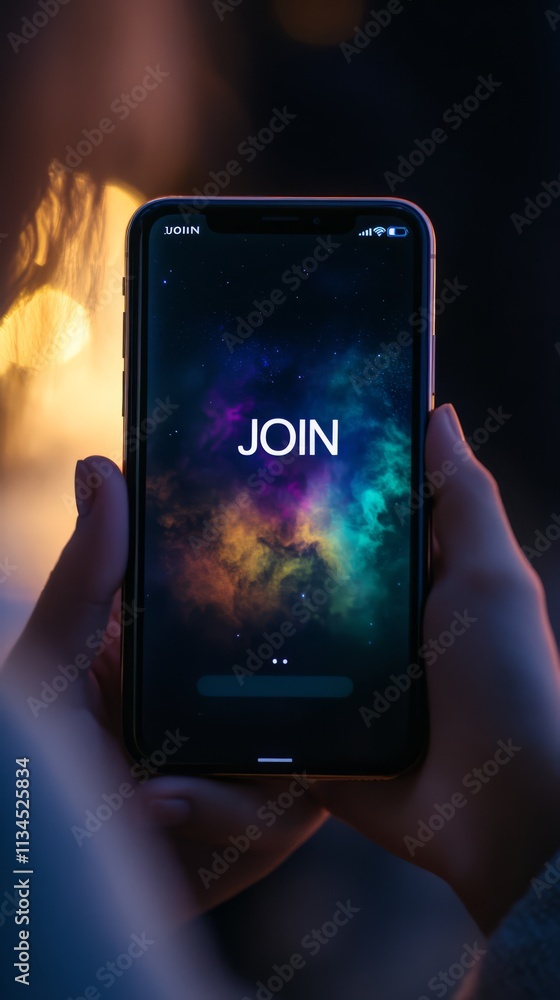 Poster join the community: a close-up shot of a smartphone displaying a 