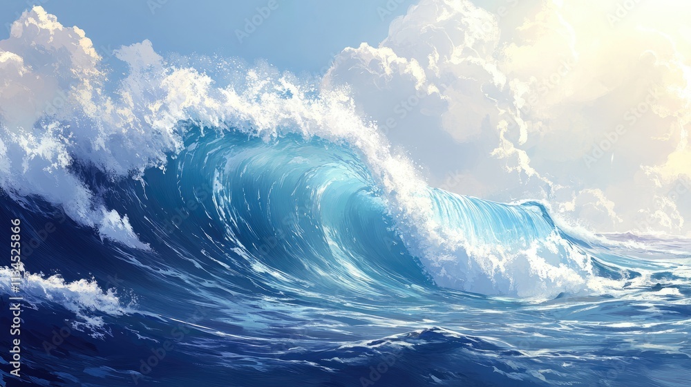 Poster a mesmerizing ocean wave mid-break, with sunlight filtering through its translucent crest