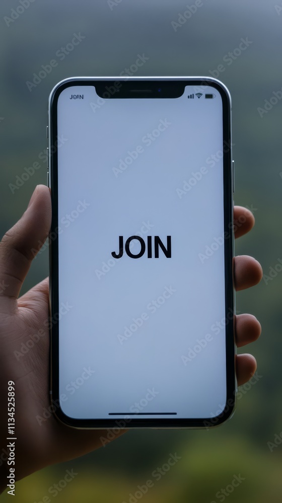 Poster join the movement: a hand holds a smartphone displaying a simple 