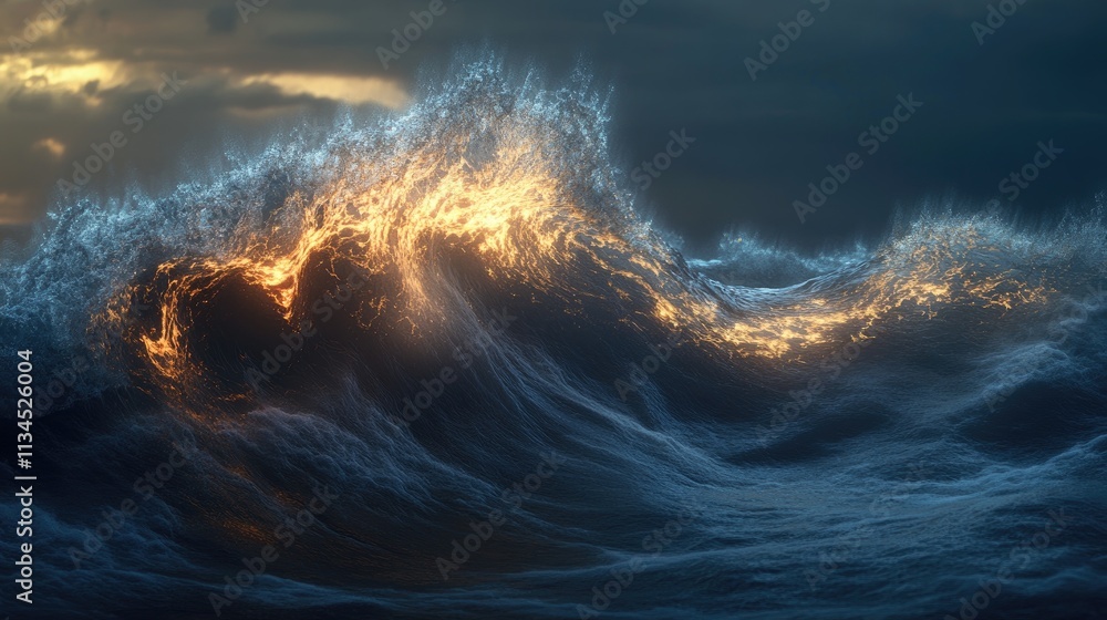 Poster a mesmerizing wave captured in mid-motion, with its curling crest and frothy patterns glowing in lig