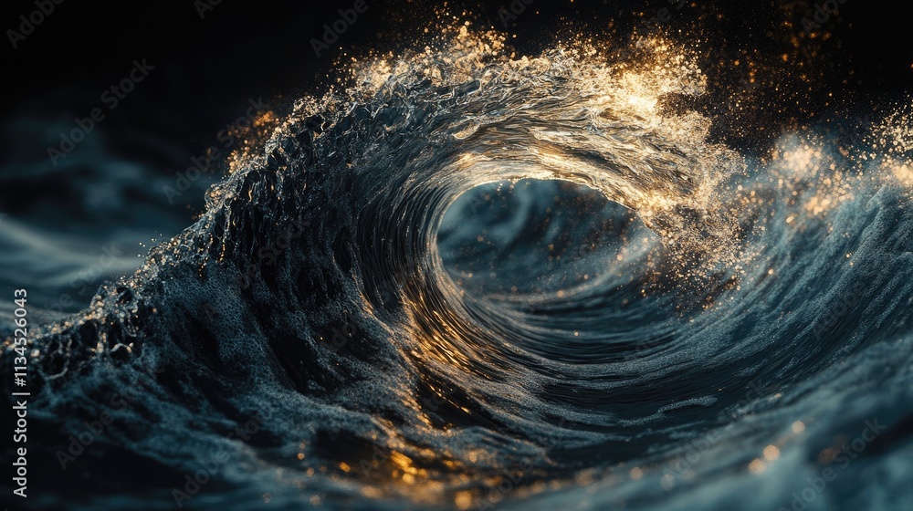 Poster a mesmerizing wave captured in mid-motion, with its curling crest and frothy patterns glowing in lig