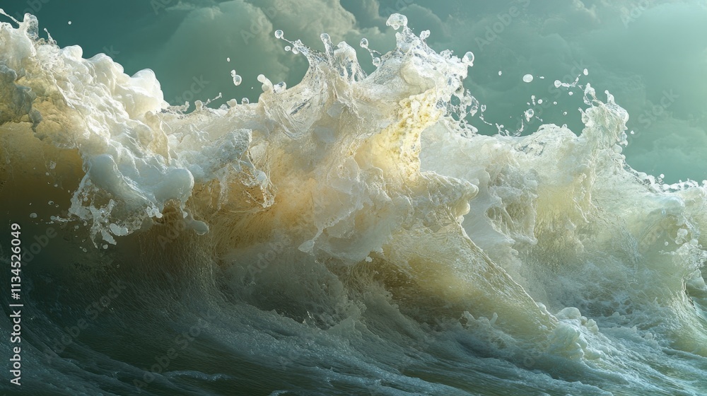 Poster a mesmerizing wave mid-break, with its translucent crest and frothy base creating a dynamic scene