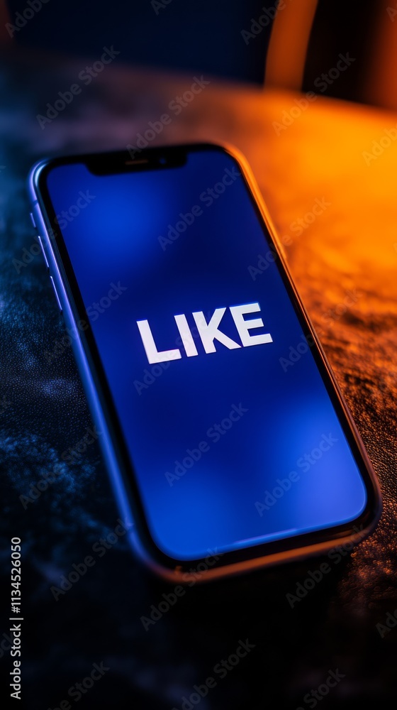 Poster smartphone displaying like: a captivating close-up shot of a smartphone screen displaying the word 