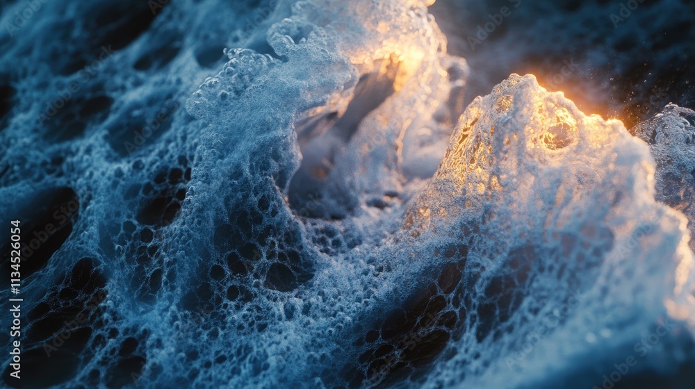Poster a mesmerizing wave captured in mid-motion, with its curling crest and frothy patterns glowing in lig
