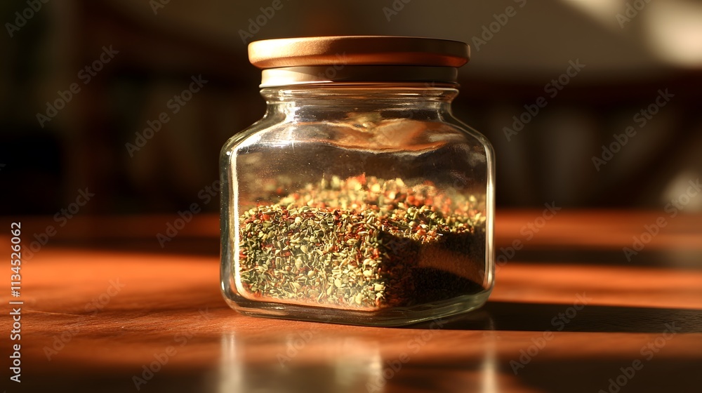 Poster A closeup of a spice jar on a countertop lit by indirect light, creating a soft and subtle glow around the jar