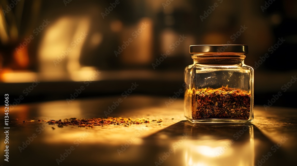 Poster A closeup of a spice jar on a countertop lit by indirect light, creating a soft and subtle glow around the jar