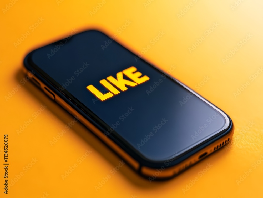Poster smartphone displaying like button: a modern smartphone with a bright yellow 