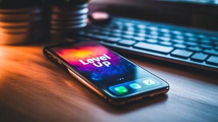 Level Up Your Game: A modern smartphone displaying a "Level Up" screen, symbolizing progress, growth, and achieving new milestones. The image evokes a sense of ambition and striving for excellence.