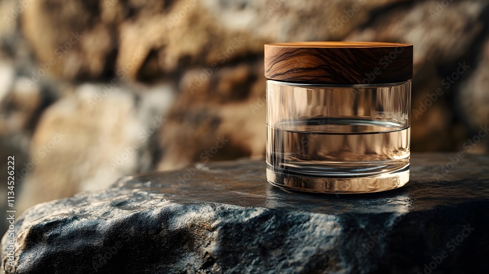 Poster a closeup of a glass jar with a wooden lid, positioned on a textured stone table, captured with soft