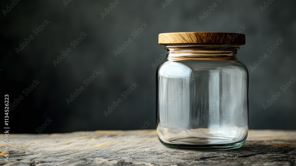 Poster a closeup of a glass jar with a wooden lid, positioned on a textured stone table, captured with soft
