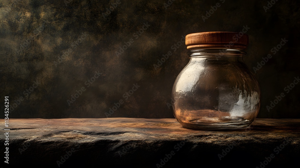 Poster a closeup of a glass jar with a wooden lid, positioned on a textured stone table, captured with soft