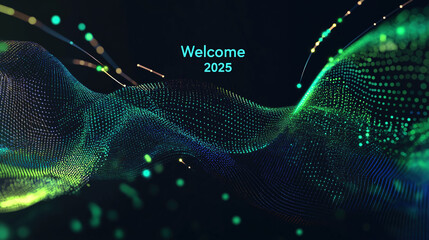  Vibrant Welcome 2025 Typography with Neon Pixel Energy Waves for Event Graphics