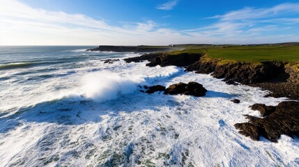 Fototapeta premium Rugged coastline with crashing waves against the rocks under a bright blue sky
