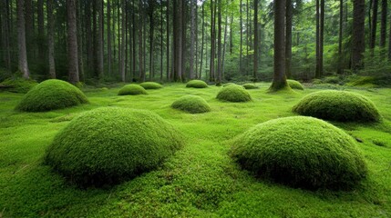 Lush, green forest with moss-covered mounds dotting the ground, creating a serene and enchanting scene